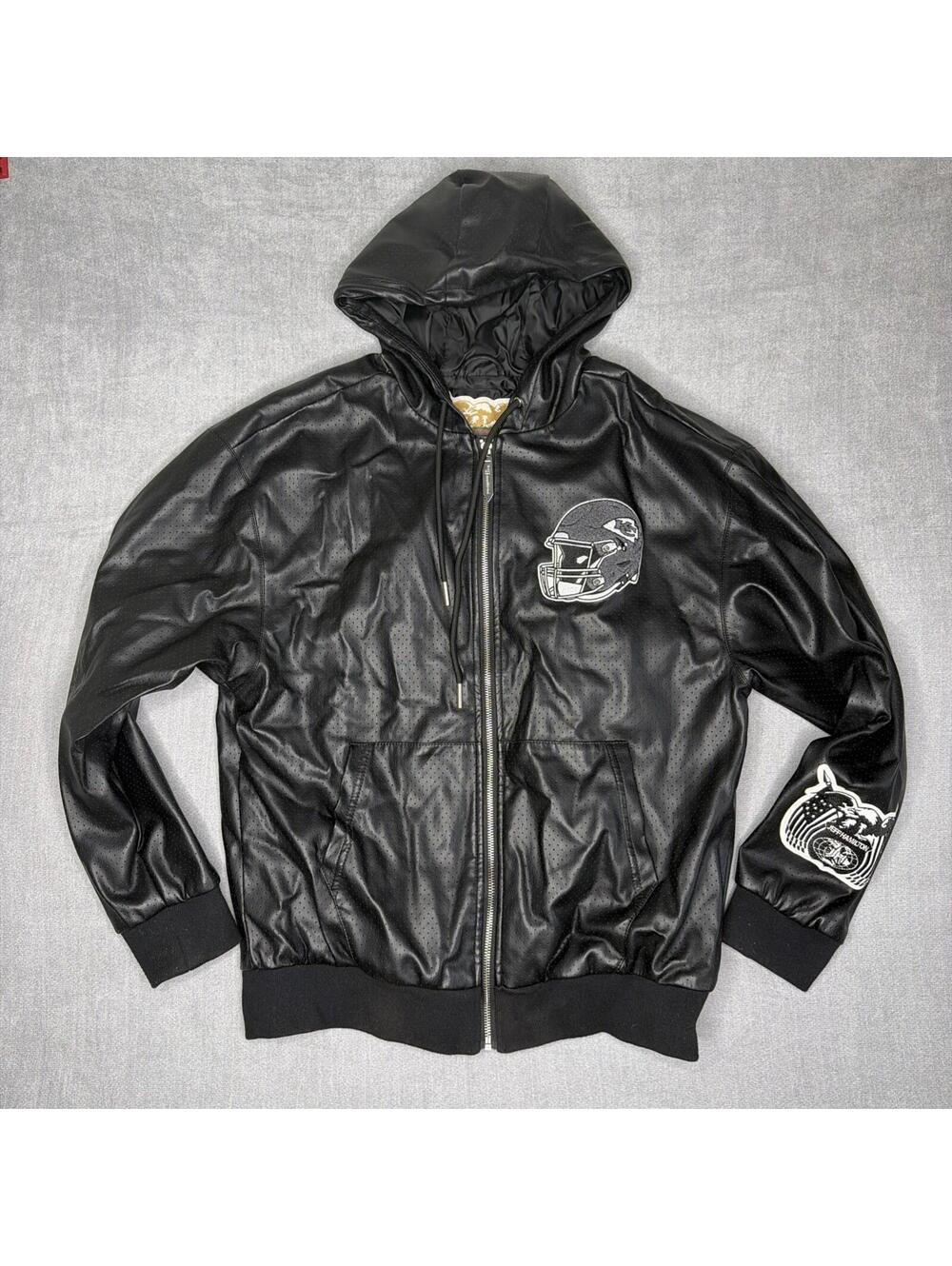 Kansas City Chiefs Faux Leather Jacket Hoodie Black Full Zip NFL KC Logo Medium